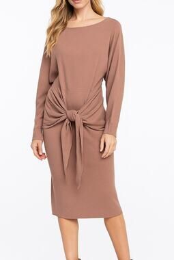 Mable Bristol Waist Tied Sweater Dress S Camel Tan Long Sleeve Knit Midi